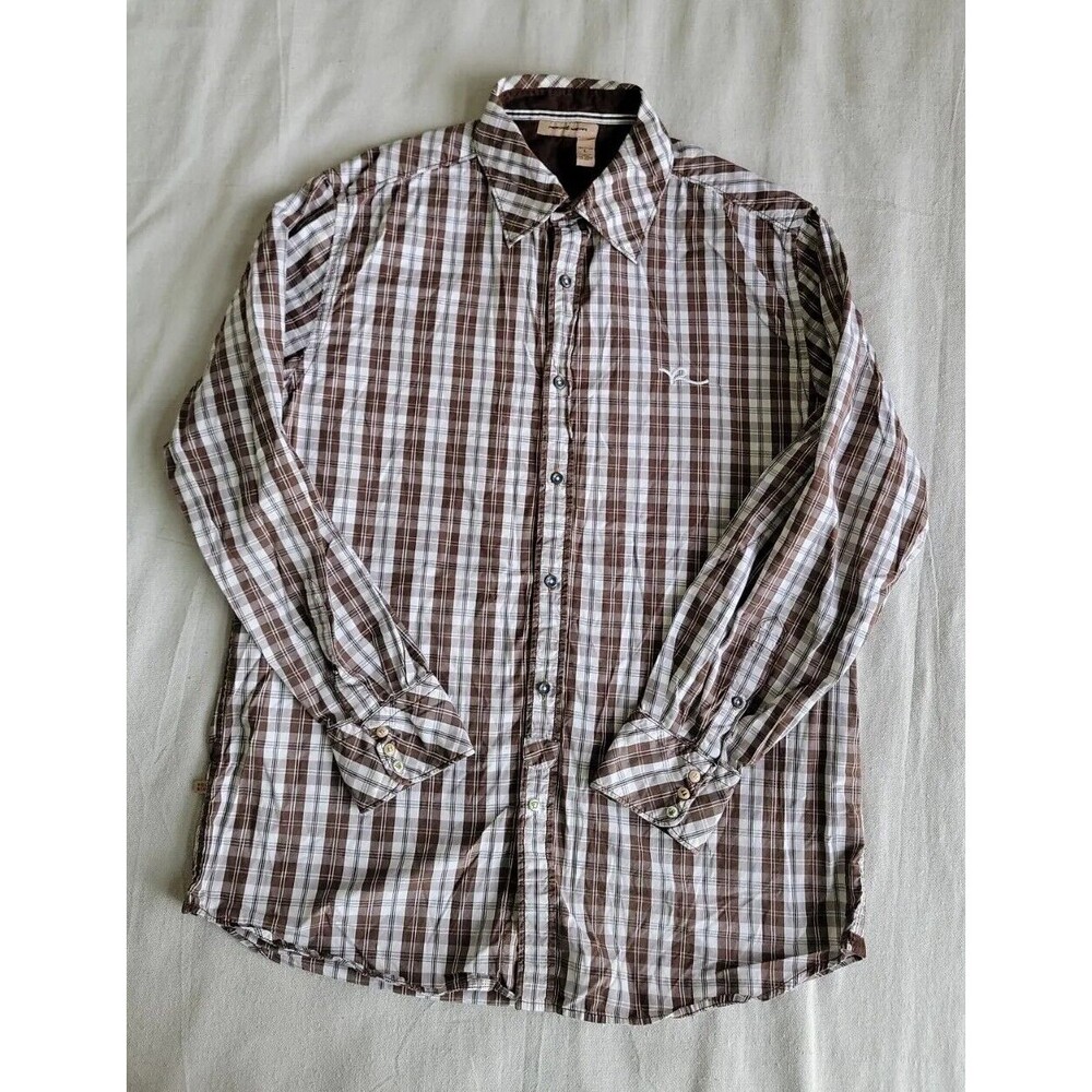 Roca‎ Wear Mens L Shirt Pearl Snap Button Brown Plaid Embroidered Logo Hip Hop